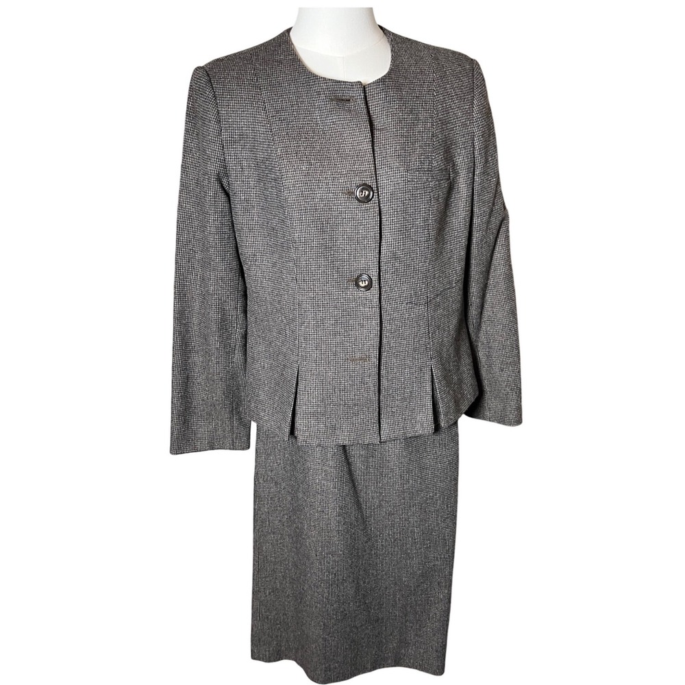 Quiet Luxury Wool Blend Skirt Suit Gray‎ Houndstooth Vintage Step by Step Sz 12